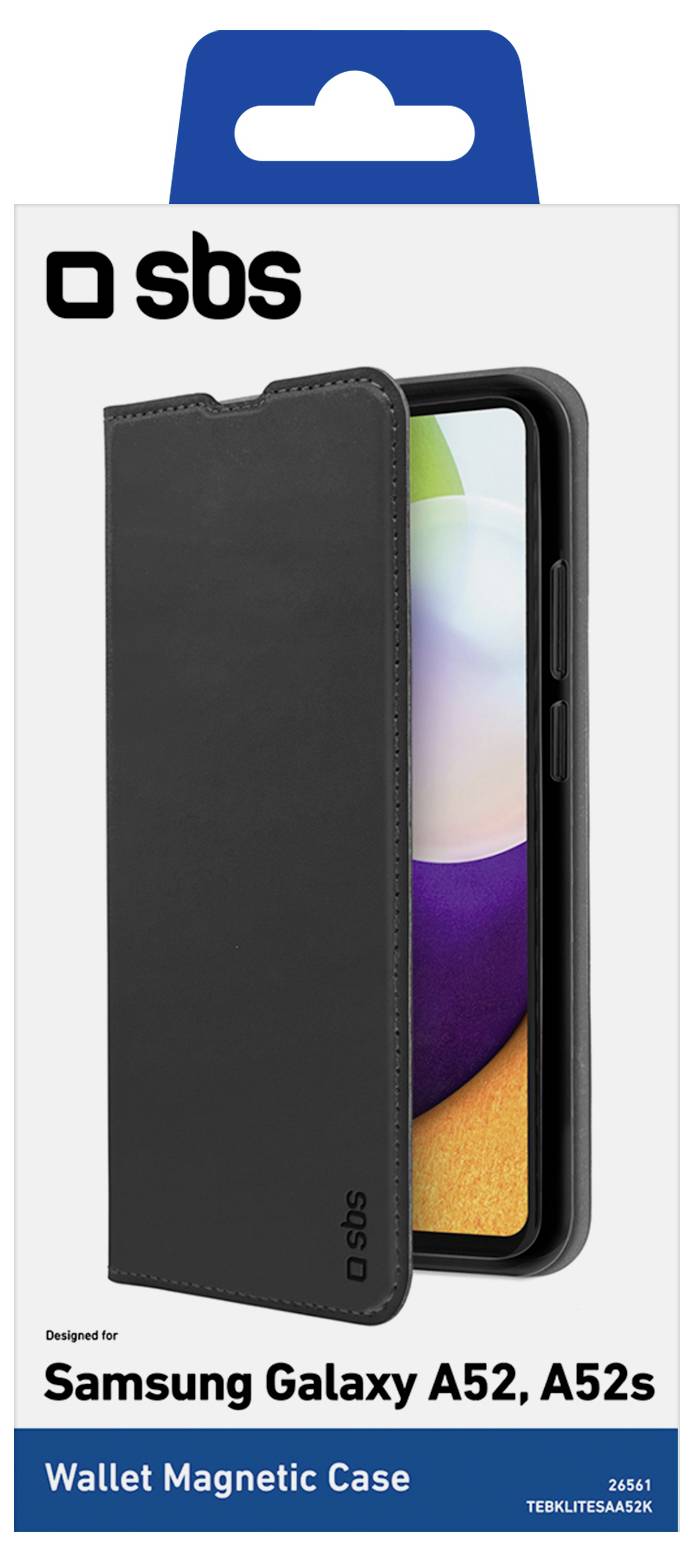 'SBS Wallet Magnetic Case voor Samsung Galaxy A52, A52s,' toont het hoesjeontwerp, met een stijlvolle, zwarte hoes.