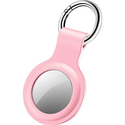 Een sleutelhanger met een roze houder omsluit een rond apparaat, waarschijnlijk een tracker. Geschikt om aan persoonlijke spullen zoals tassen of sleutels bevestigd te worden.
