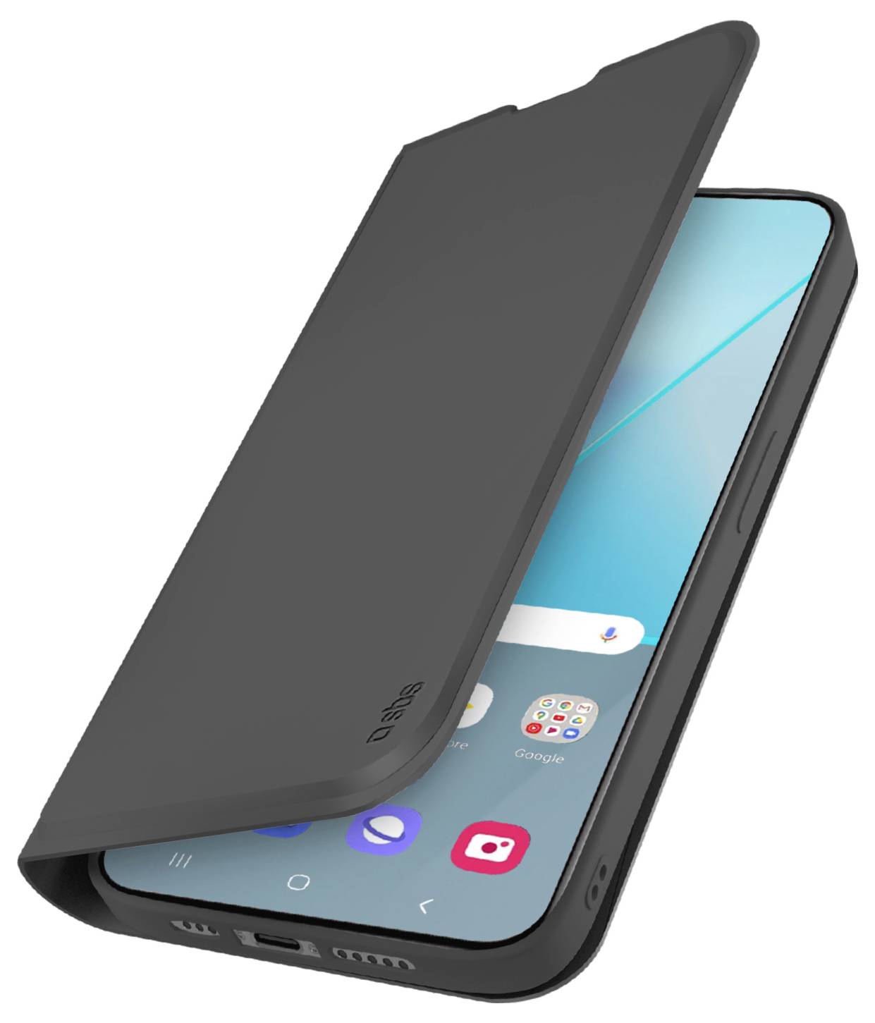 Een smartphone met een zwarte beschermende flipcover die gedeeltelijk open is, waarop het startscherm met app-pictogrammen en een blauwe achtergrond zichtbaar is.