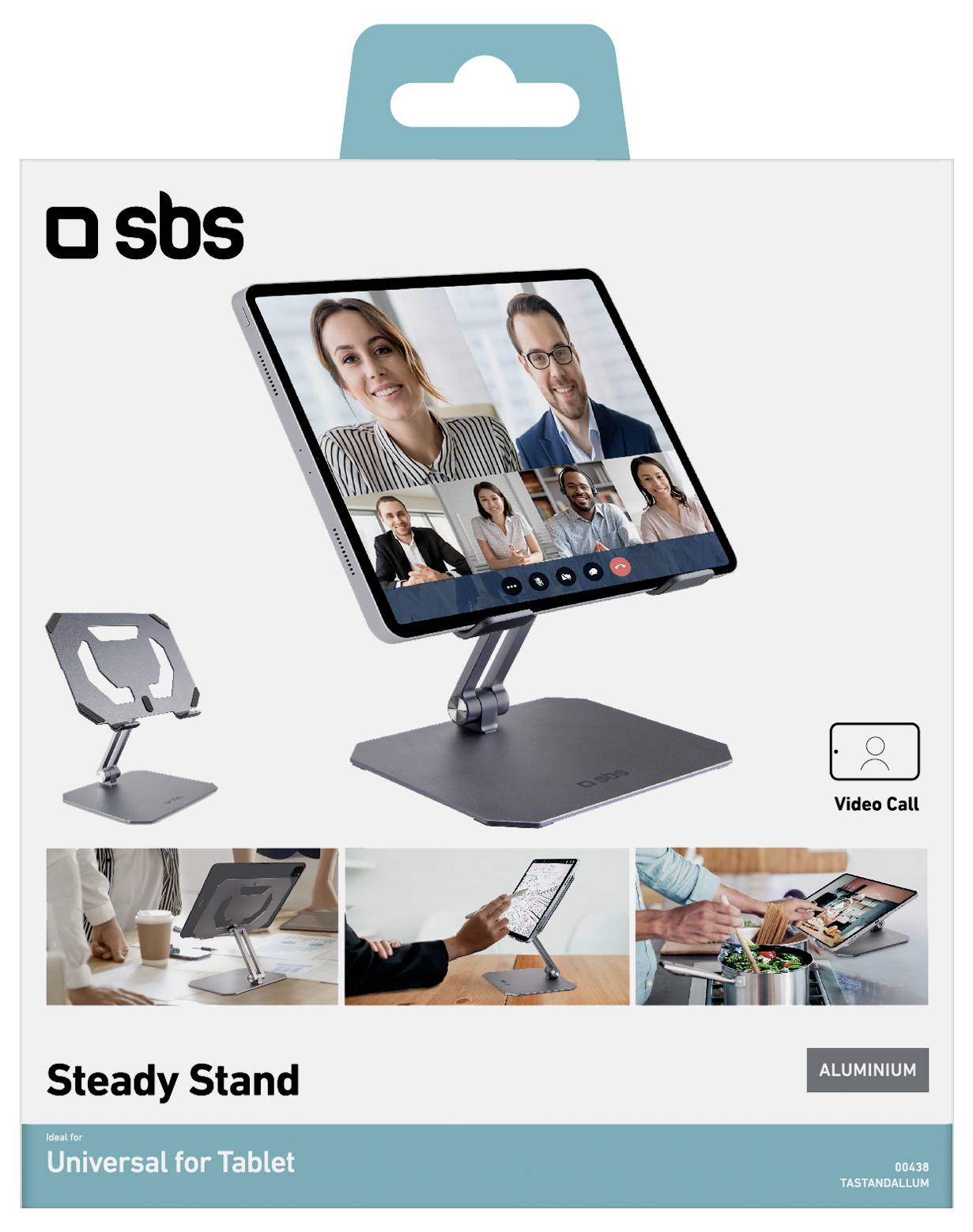 'Steady Stand Universal voor Tablet-pakket met een tabletstander met een tablet waarop een videogesprek van vier personen wordt weergegeven.'