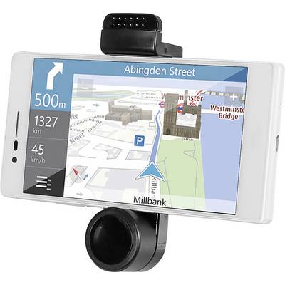 Een smartphone-GPS-navigatie-app op een autoklemhouder toont aanwijzingen op "Abingdon Street" en geeft routegegevens en lokale bezienswaardigheden weer.