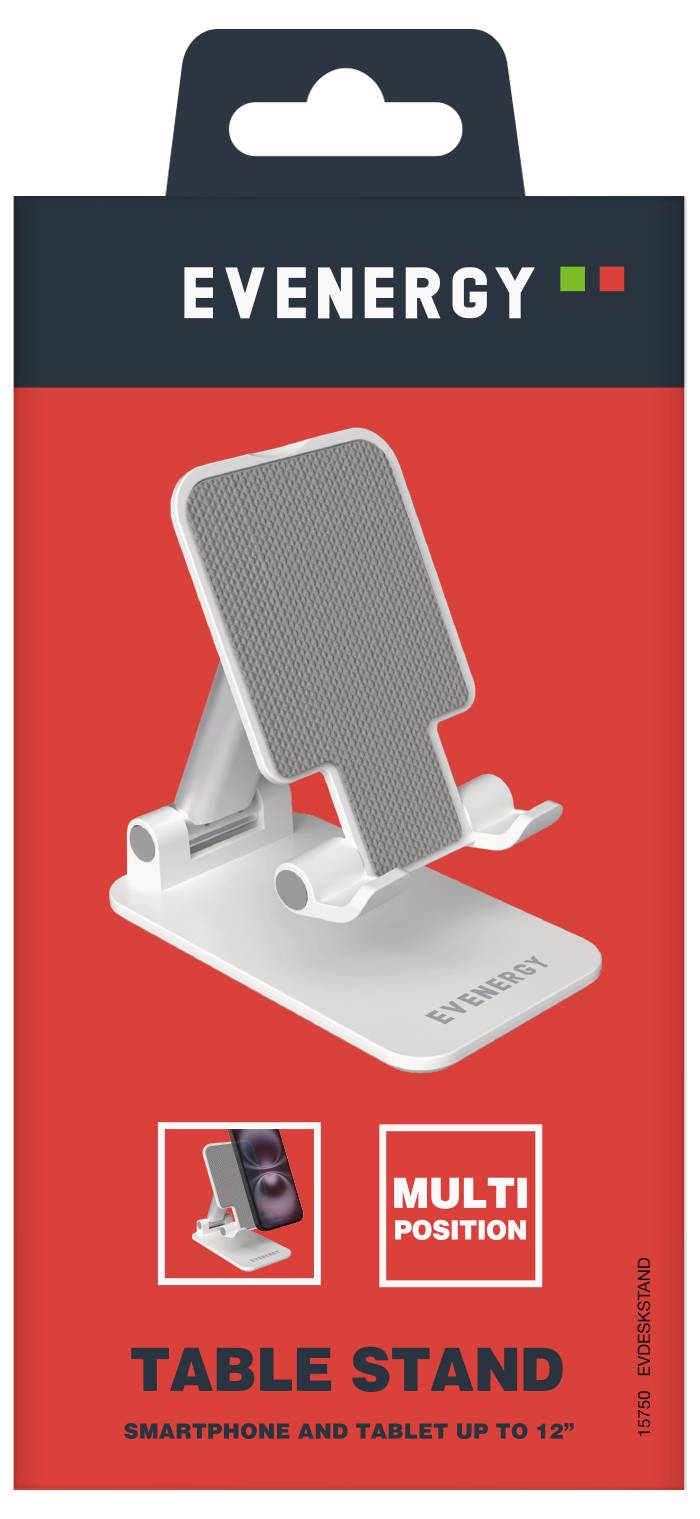'Evenergy Table Stand' verpakking met een witte, verstelbare standaard voor smartphones en tablets tot 12 inch, met mogelijkheid voor meerdere posities.