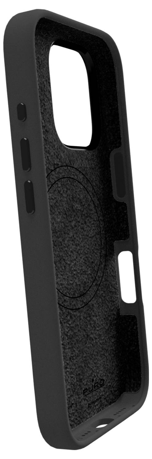 Een zwart smartphonehoesje met uitsnijdingen voor knoppen en camera, met een interne circulaire schets die compatibiliteit met een draadloze oplader aangeeft.