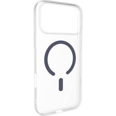 Een doorzichtig telefoonhoesje met een opvallend circulair en verticaal lijnsymbool op de achterkant, vergelijkbaar met een gestileerde aan/uit-knop.