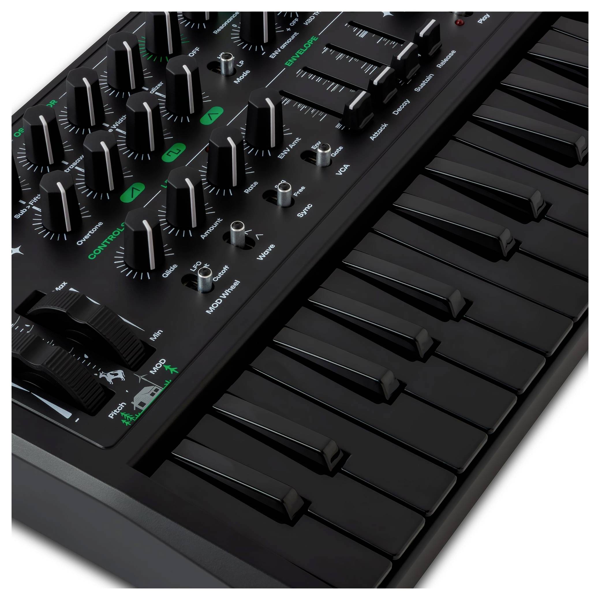 Een zwarte elektronische synthesizerkeyboard met meerdere knoppen en schuifregelaars voor geluidsmodulatie, ontworpen voor muziekproductie en live optreden.