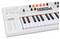 Witte MIDI-keyboard met zwarte en witte toetsen, oranje en witte knoppen, een klein display en het 'Arturia' logo aan de linkerkant.