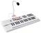 Een witte MIDI-keyboard met 37 toetsen, voorzien van verschillende knoppen en bedieningselementen, en een flexibele (zwanenhals) microfoonbevestiging.