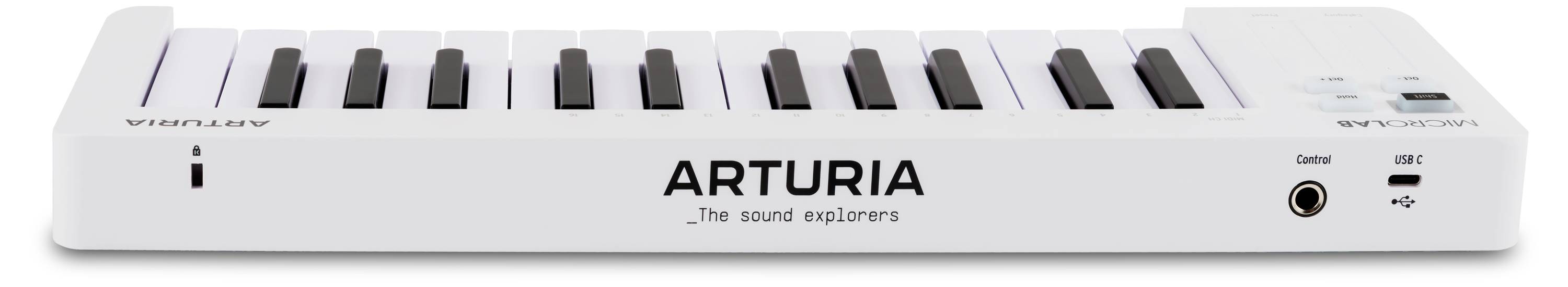 Een compacte witte MIDI-controller toetsenbordje met 13 zwarte en witte toetsen, gelabeld 'ARTURIA'. Bevat een koptelefoonaansluiting en USB-poort.