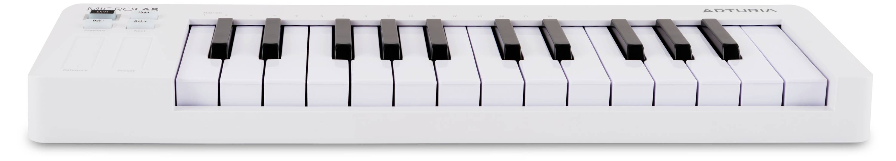 Een witte MIDI-toetsen met zwarte en witte toetsen, uitgerust met aanraakbediening links, ontworpen voor muziekproductie en optreden.