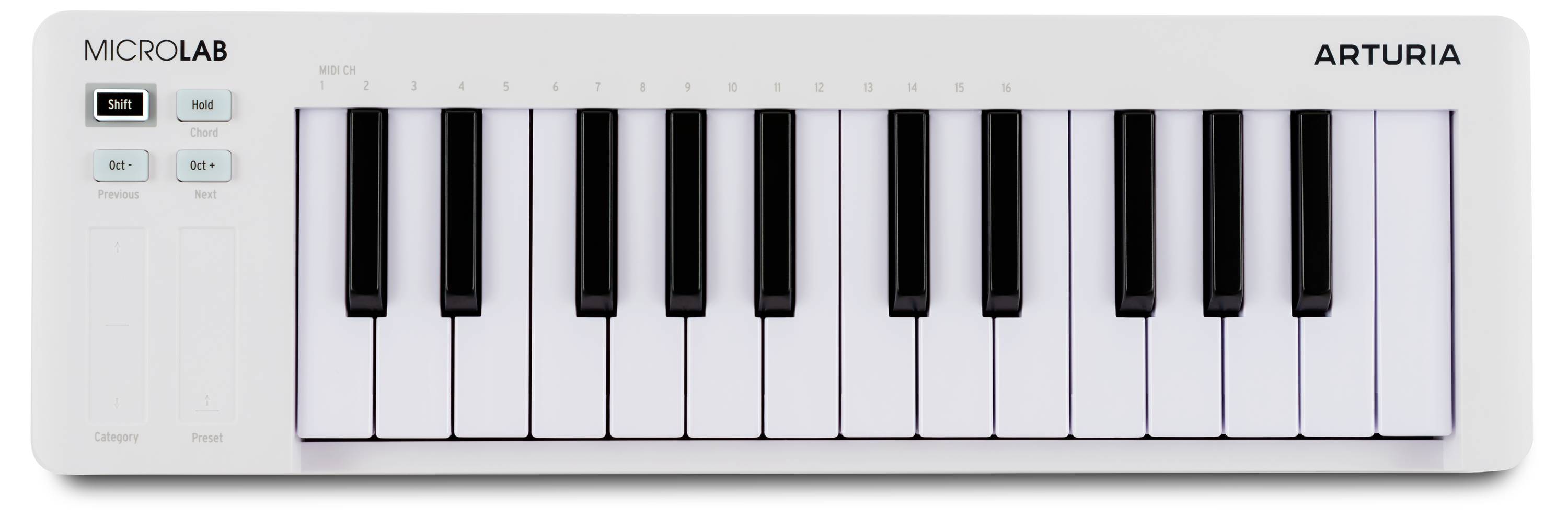 'Arturia Microlab' MIDI-toetsenbord met 25 toetsen, uitgerust met pitch- en modulatie-touchstrips aan de linkerzijde.