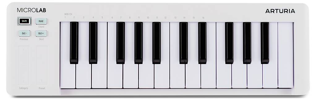 Een witte Arturia Microlab MIDI-toetsenboord met 25 toetsen en octaafbesturingsknoppen aan de linkerkant.