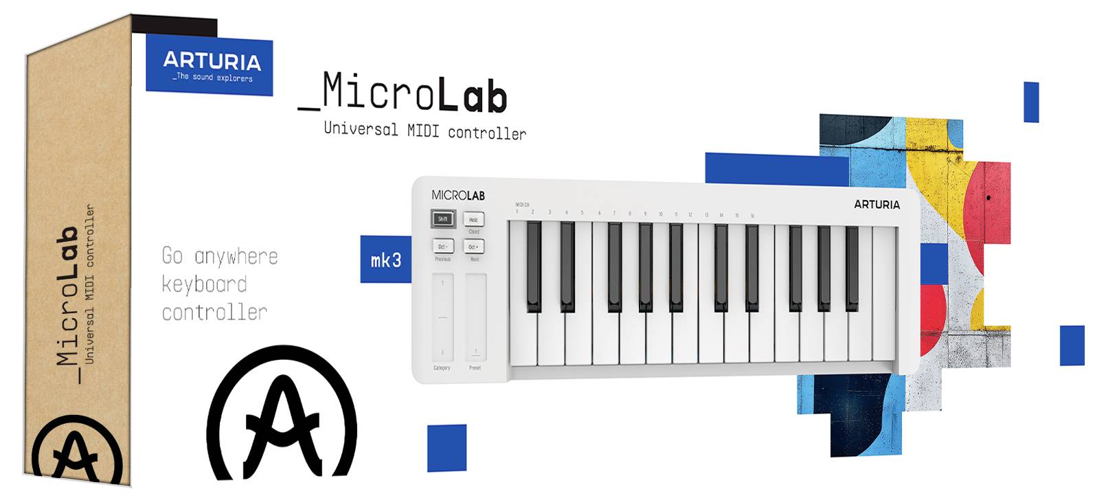 Arturia MicroLab Universal MIDI-controller pakket. Afbeelding toont een 25-toetsen MIDI-keyboard naast zijn doos, met artistieke patronen.