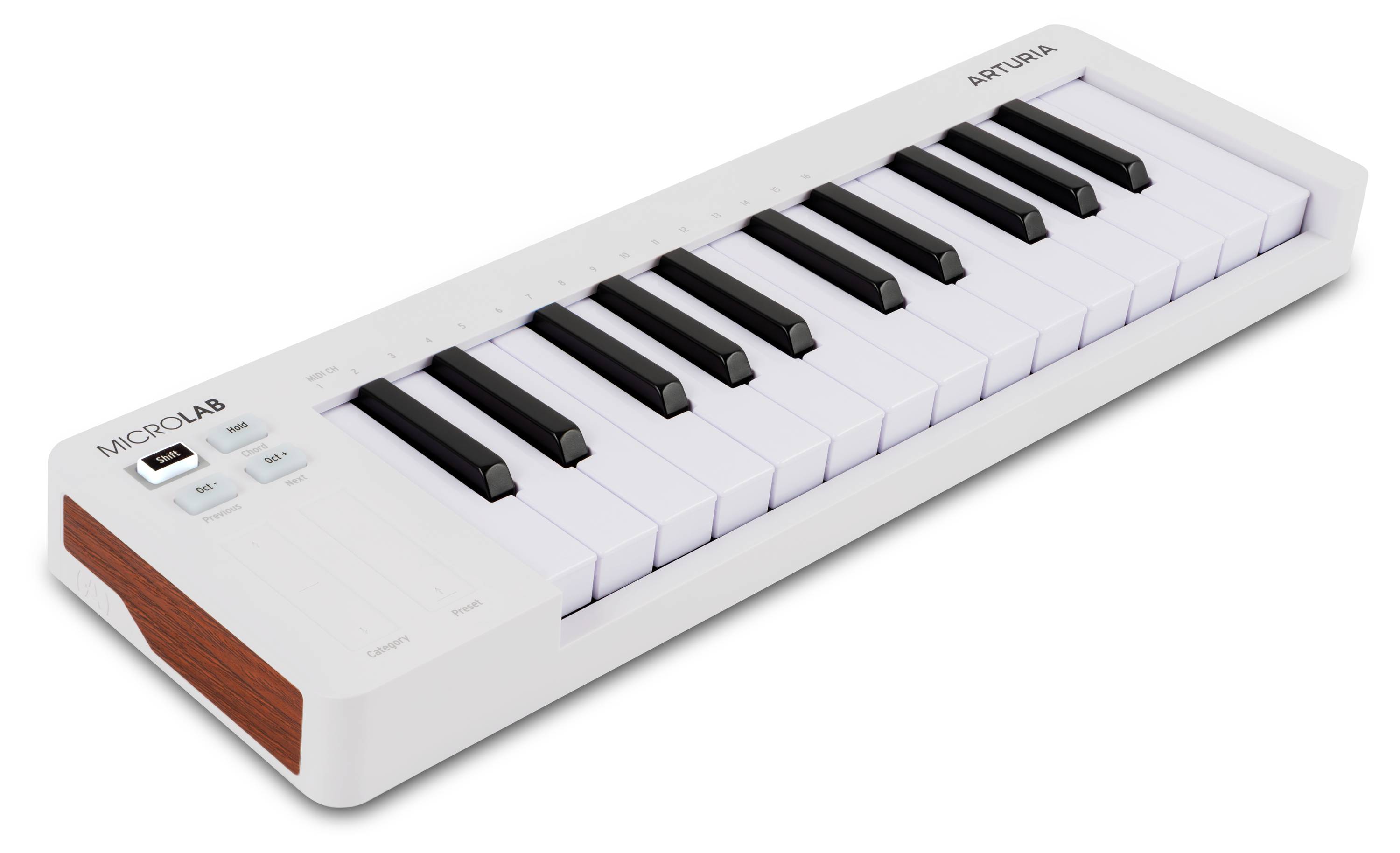 Een compacte MIDI-toetseninstallatie met 25 toetsen, USB-aansluiting en bedieningsknoppen. De keyboard is wit met een strak, modern ontwerp.