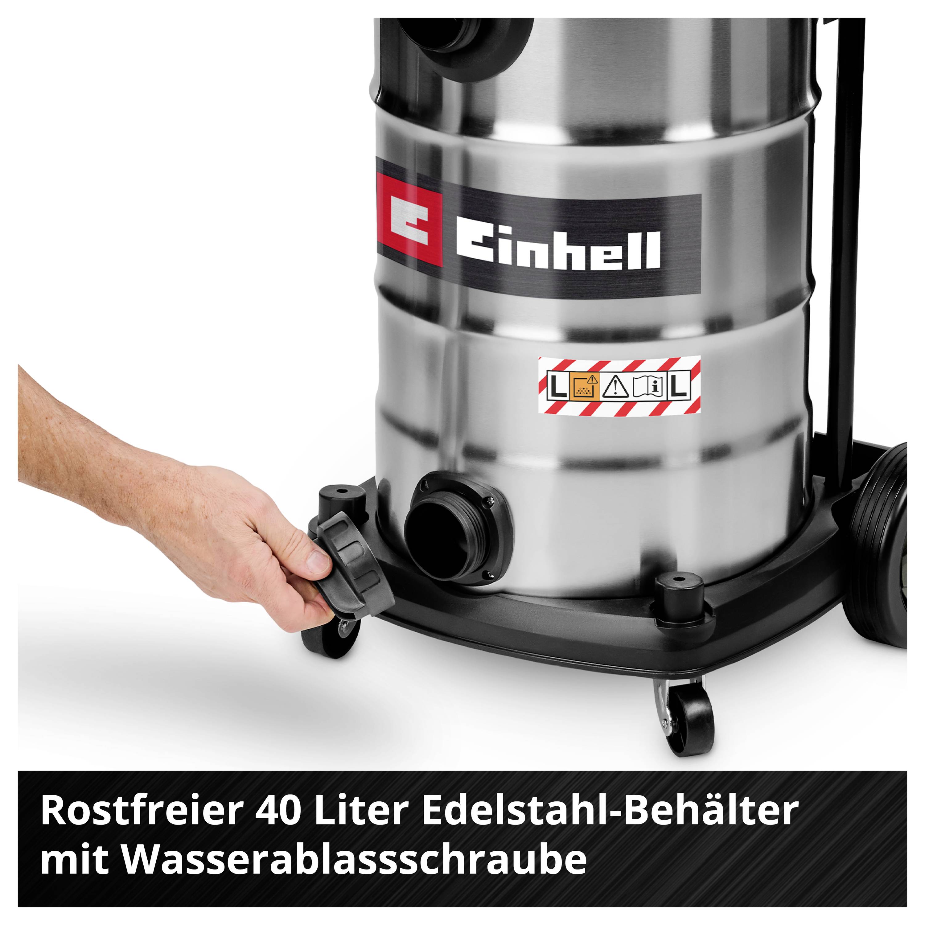 'Einhell' stofzuiger, roestvrijstalen container, 40 liter, met wateraftapschroef. Hand aan de klep.