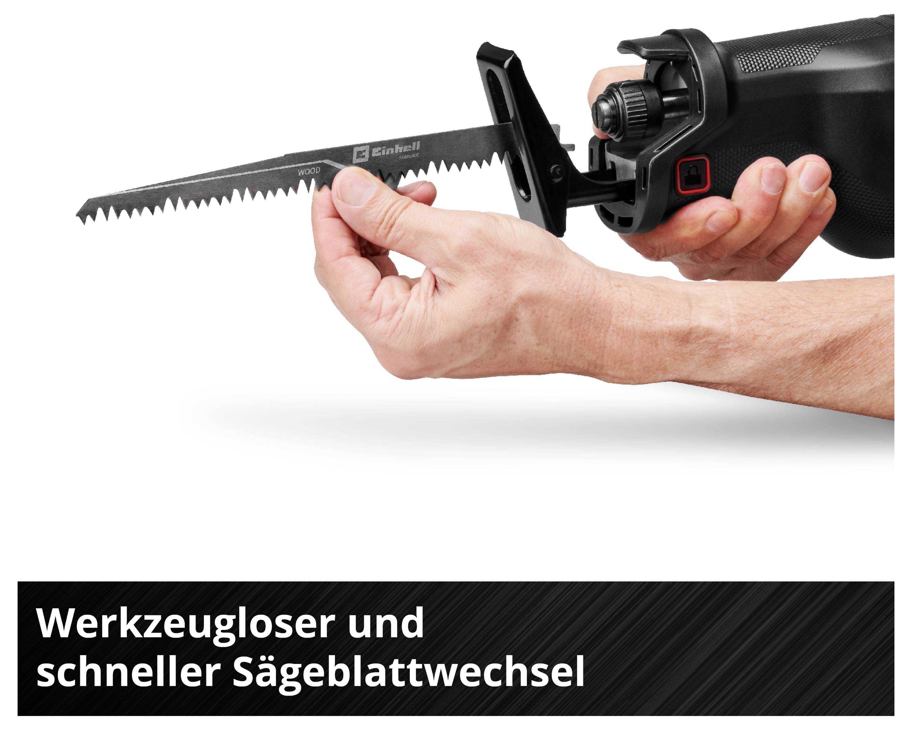 Een hand verwisselt zonder gereedschap een zaagblad aan een elektrische zaag. Tekst in afbeelding: 'Gereedschaploos en snel zaagbladwisselen'.
