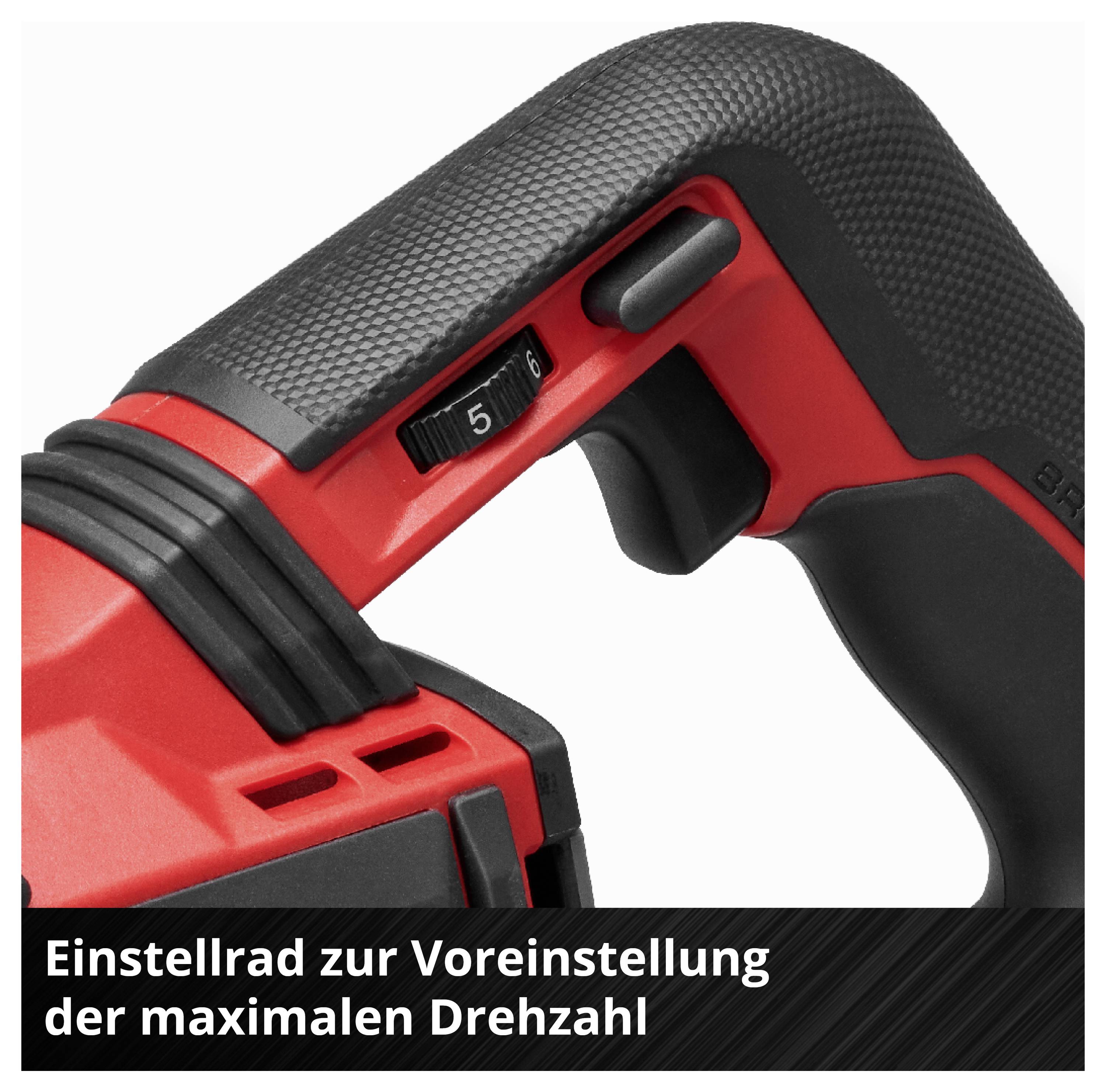 Close-up van een rood elektrisch gereedschap met draaiknop en schakelaar. Bijschrift: Instelwiel voor het vooraf instellen van de maximale toerental.