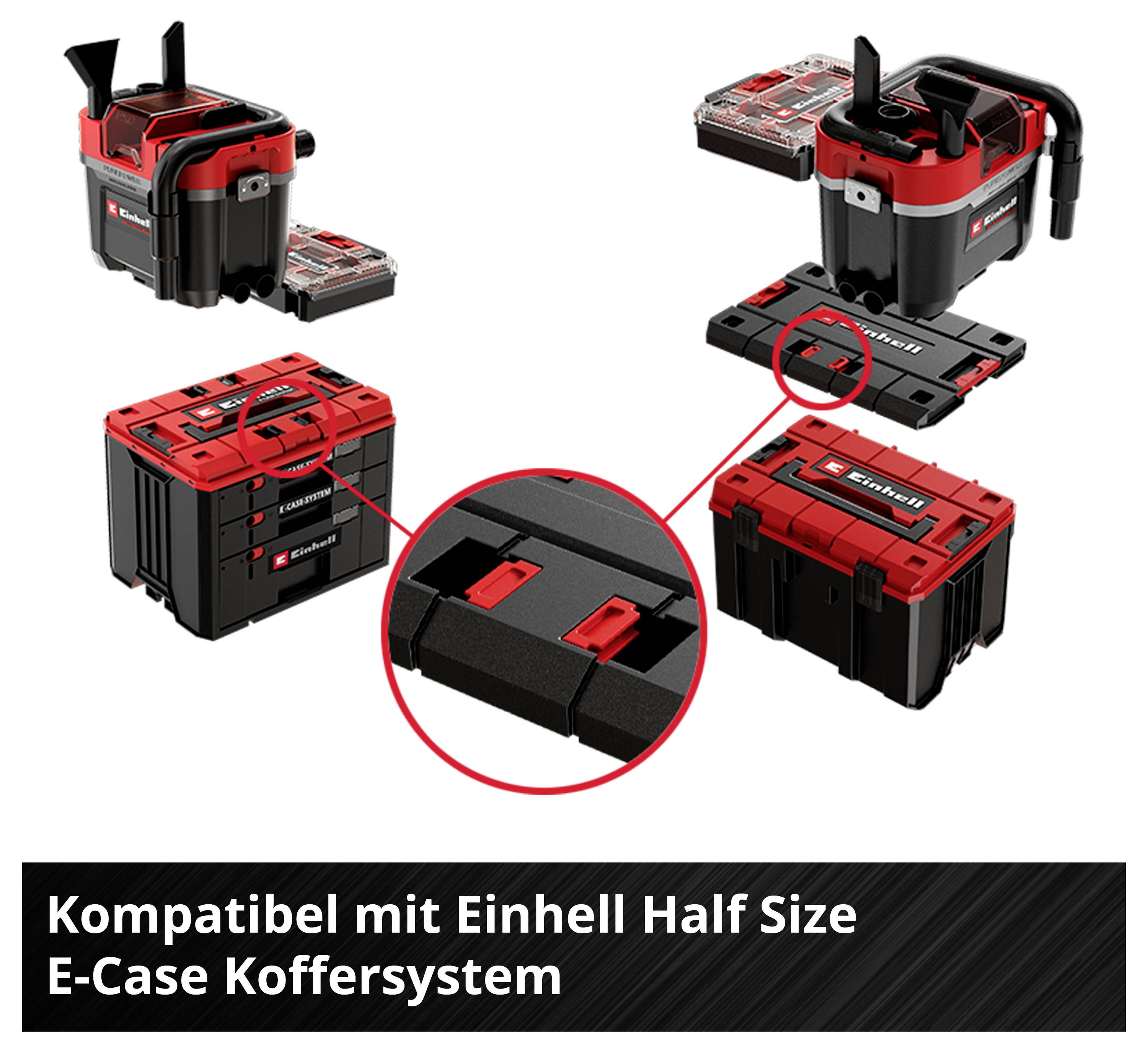 'Compatibel met Einhell Half Size E-Case koffersysteem' toont drie E-Cases met verschillende weergaven en een gedetailleerde afbeelding van het systeem.