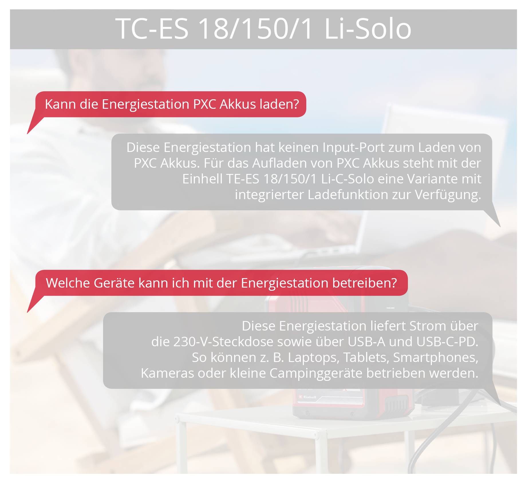 Man zit op een bank met een tablet. Tekst over laadvoorziening en compatibele apparaten van de energiestation, Einhell TE-ES 18/150/1.