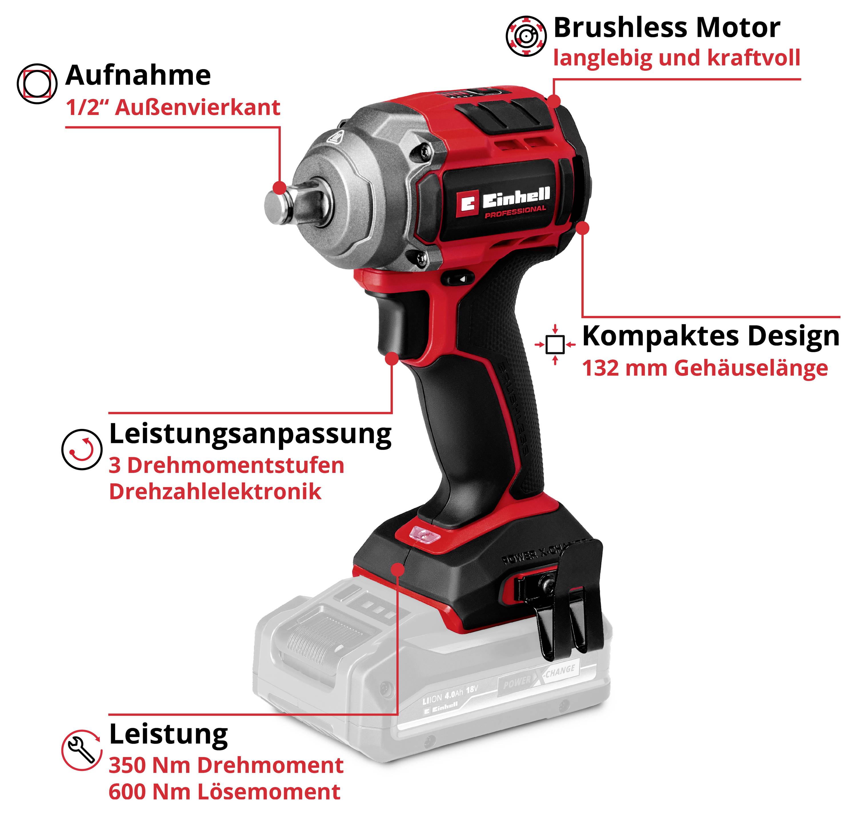 Accuslagschroevendraaier met borstelloze motor, compact ontwerp en 1/2" aansluiting. Vermogensaanpassing met drie koppelniveaus.
