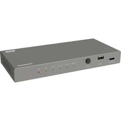 Een rechthoekig elektronisch apparaat met gemerkte invoer-/uitvoerpoorten, LED's die de status aangeven, en knoppen voor bedieningsinstellingen, gefabriceerd door Marmitek.