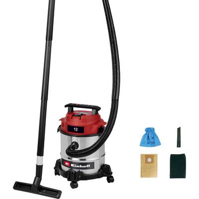 Een roestvrij stalen nat-droog stofzuiger met een rode bovenkant, zwarte slang, mondstuk en accessoires zoals filters en stofzakken ernaast.