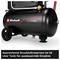 Zwarte olievrije Einhell-compressor met 24-litertank en wielen; Opmerking: 'Voldoende persluchtreserves in de 24-litertank voor langdurige inzet'.