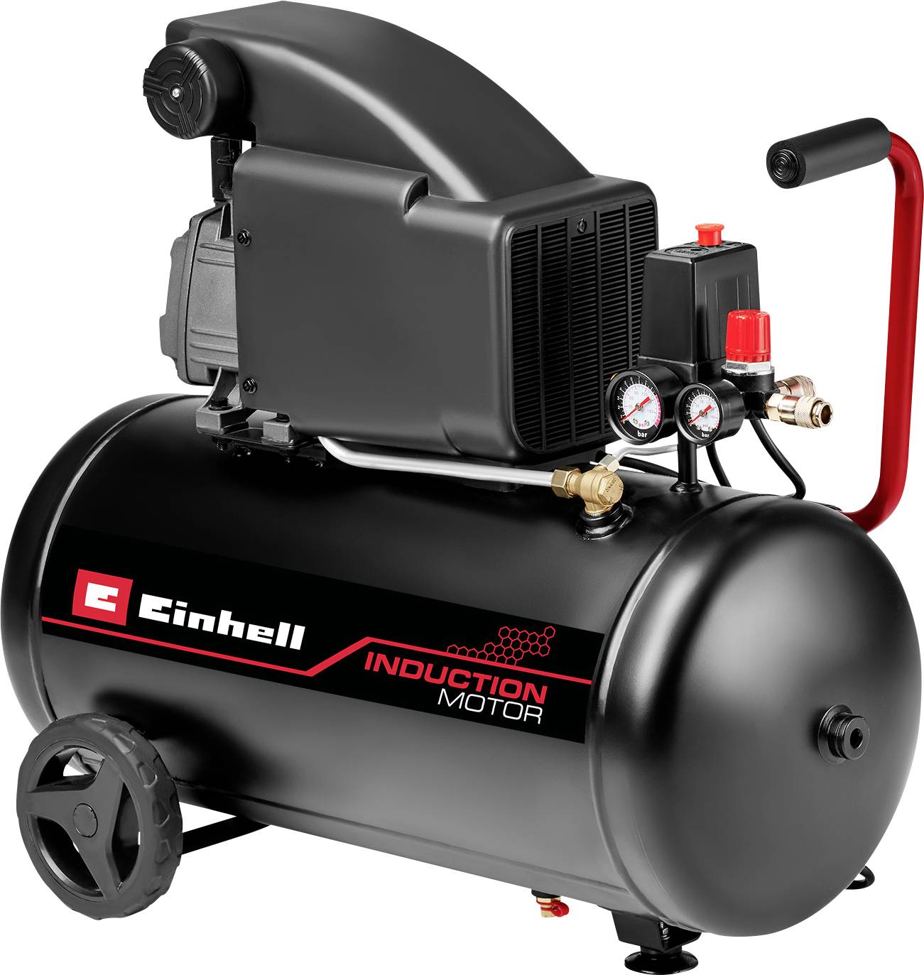 'Einhell inductiemotor luchtcompressor' met drukmeteters, een rode handgreep en wielen. Geschikt voor verschillende pneumatische gereedschappen.