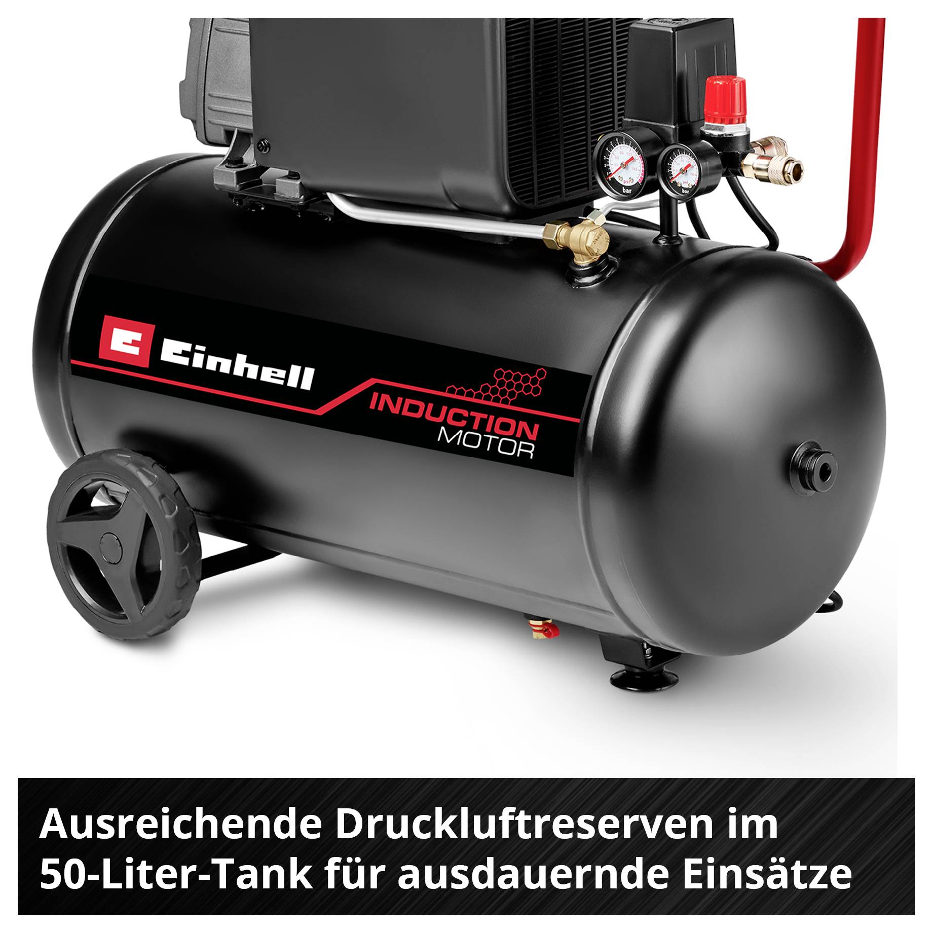 Een zwarte luchtcompressor met inductiemotor, 50-liter tank, van Einhell. Tekst onderaan: 'Voldoende persluchtreserves voor langdurige toepassingen'.