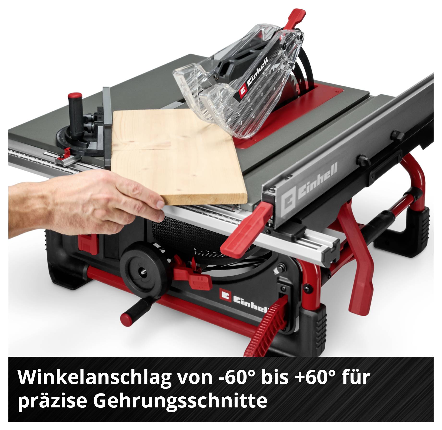 Een rode snijmachine met houten werkblad en veiligheidsschuif, geschikt voor precisie versteksneden van -60° tot +60°.