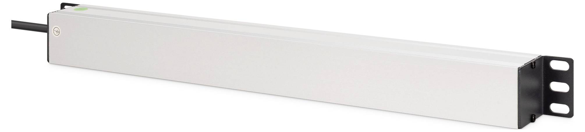 Een slanke, rechthoekige elektrische apparaat met een metallic afwerking, voorzien van een kabel aan het ene uiteinde en montagegatten aan de tegenoverliggende zijde.