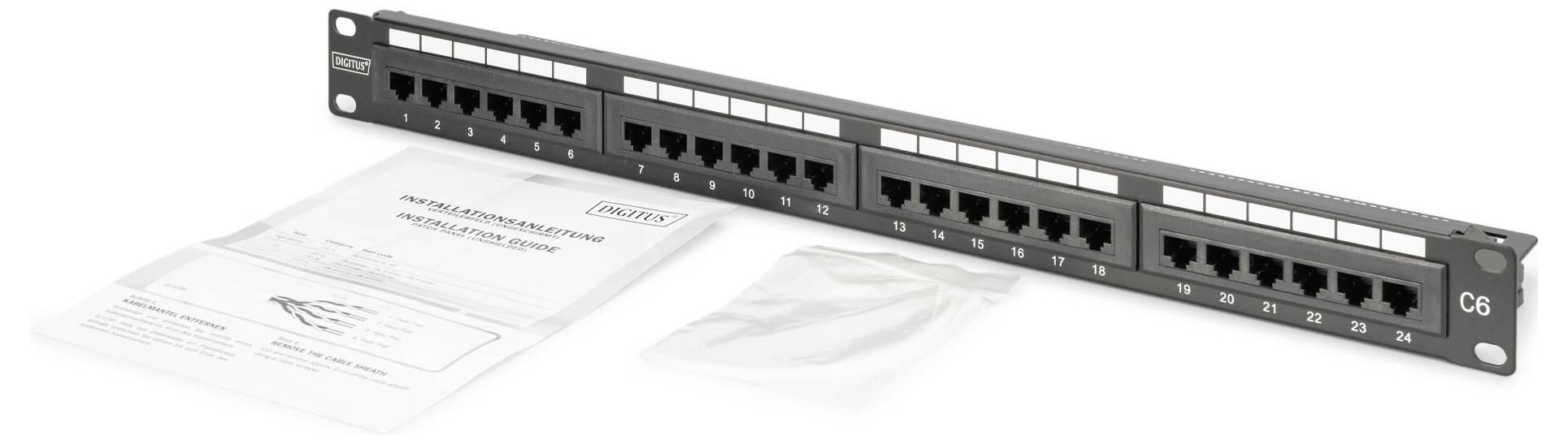 'Patchpaneel met meerdere ethernetpoorten, gelabeld als Cat6. Inclusief pakket met montagetoepassingen en installatiehandleiding.'