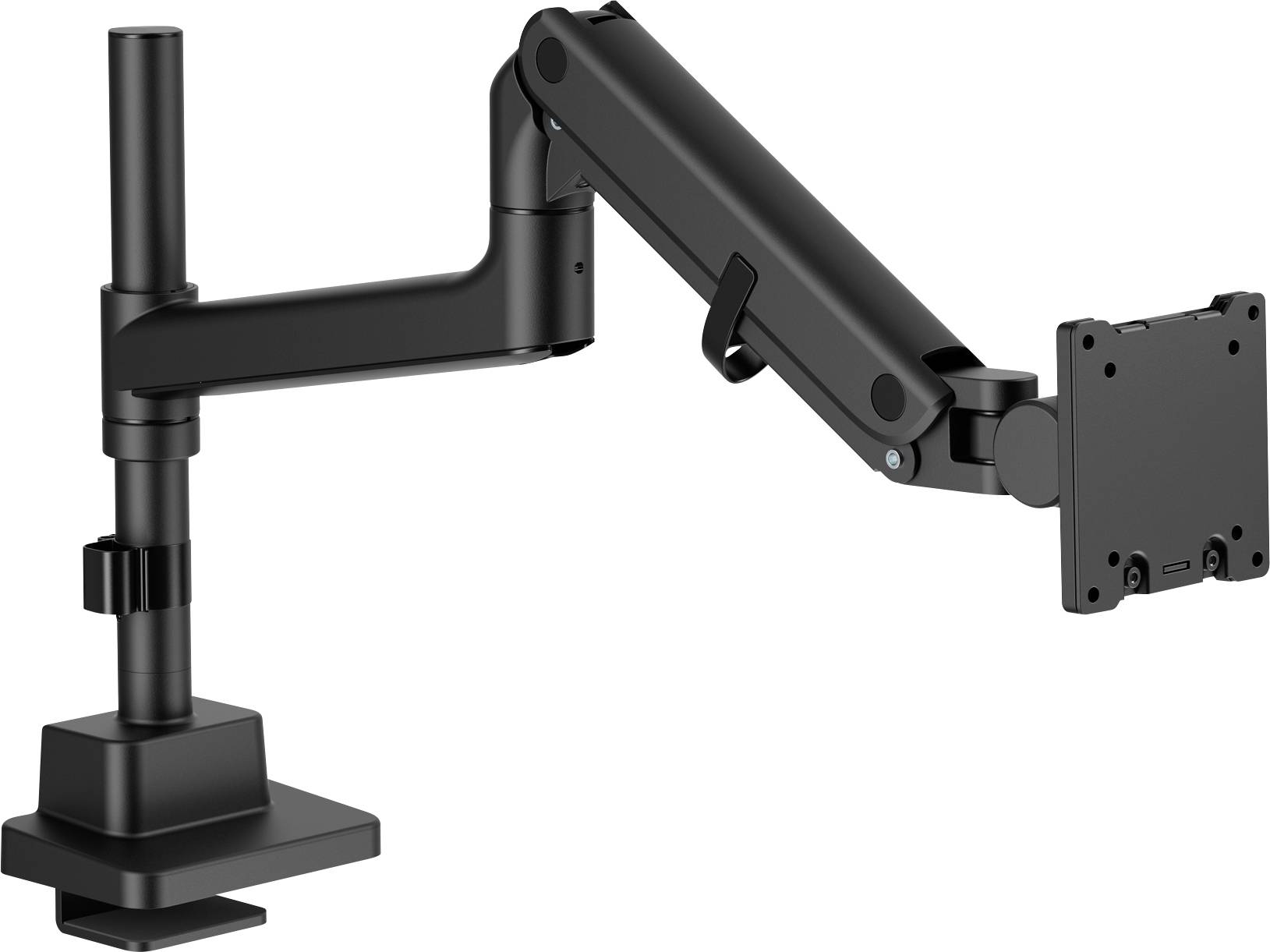 Zwarte verstelbare monitorarm met klemvoet, verstelbare scharnieren en een VESA-bevestigingsplaat voor het bevestigen van een computerscherm.