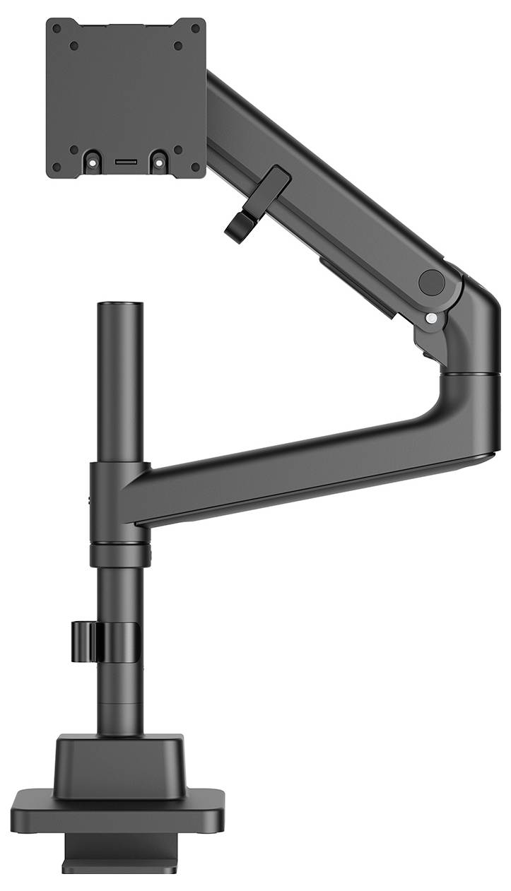 Monitorarm in zijaanzicht, met uitschuifbare arm en verstelbaar klememmechanisme voor montage op een bureau of ander oppervlak.