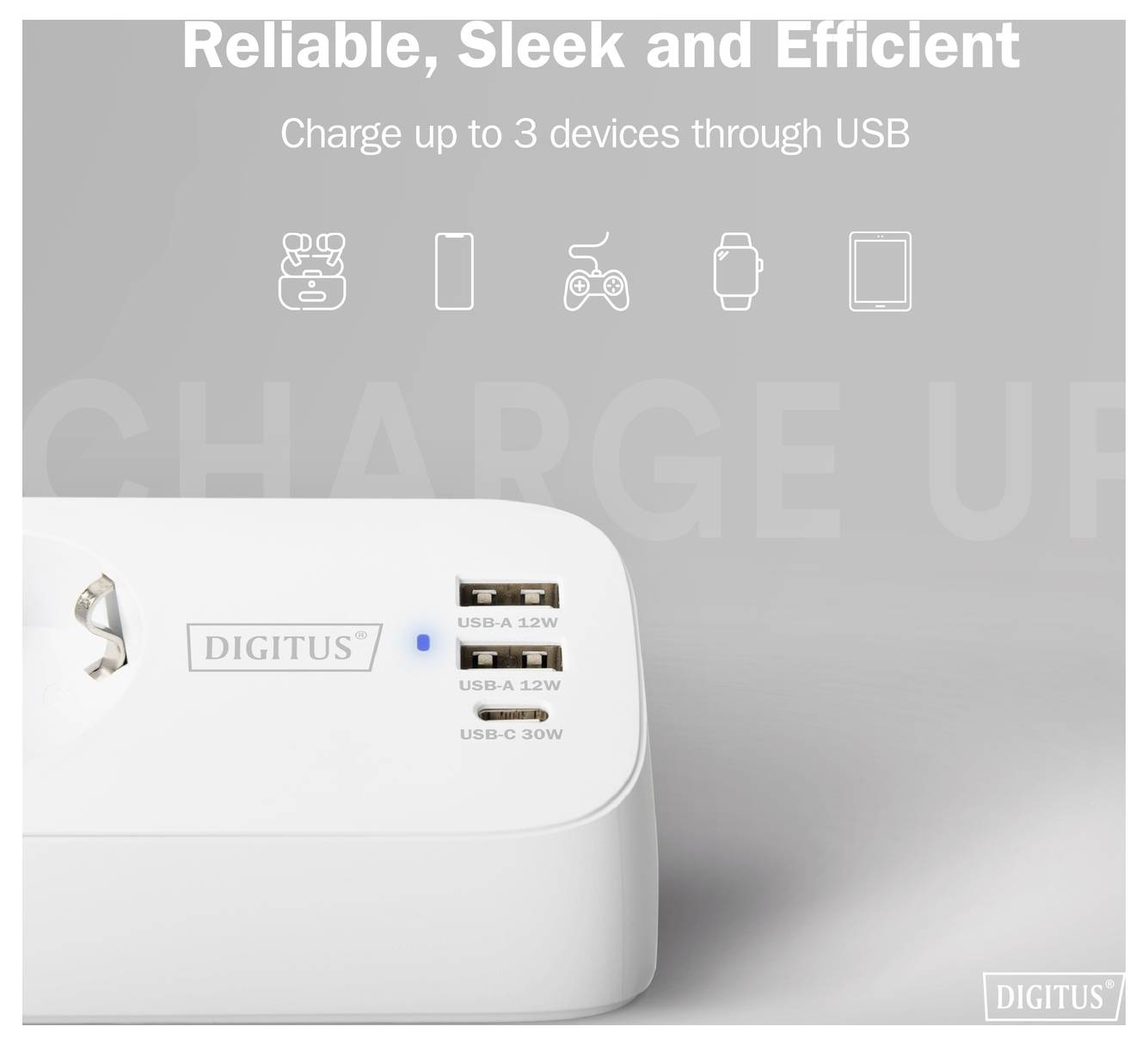 'Betrouwbaar, Stijlvol en Efficiënt' USB-lader afbeelding met poorten: USB-C 30W, USB-A 12W; tekst: 'Laad tot 3 apparaten via USB op'.