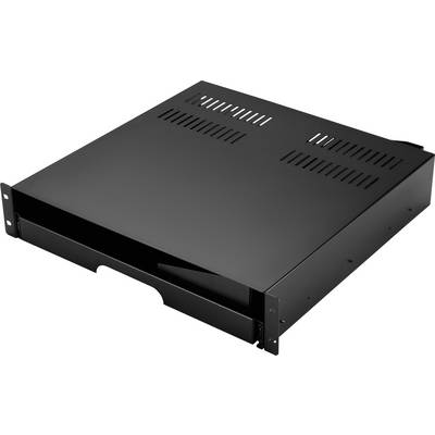Zwarte 1U rackmount serverchassis met vooraan uitschuifbaar lade en ventilatiesluizen, afgebeeld op een witte achtergrond.
