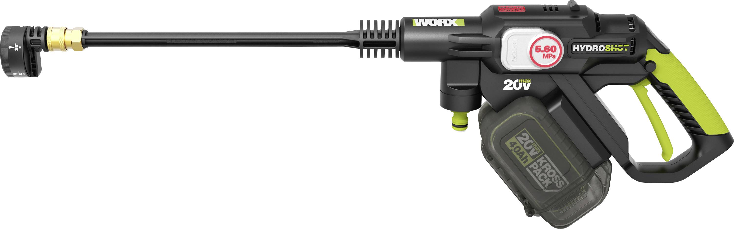 Draadloze hogedrukreiniger sproeipistool met lange sproeibuis, geïntegreerde batterij en groen handvat op een witte achtergrond.