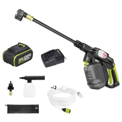 Draadloze hogedrukspuiter set met lange spuitlans, batterij, lader, schuimbottel, slang, mondstuk en opbergtas weergegeven op witte achtergrond.
