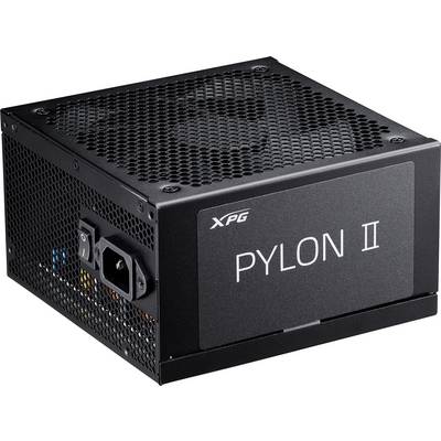 Zwarte voeding met het label 'XPG Pylon II', met ventilatieroosters en voedingsinvoersocket.