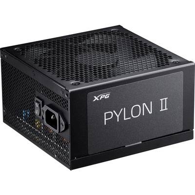 Een zwarte XPG Pylon II voedingseenheid met mesh ventilatie en een aan/uit-schakelaar, ontworpen voor computersystemen.