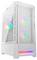 Een witte computertoren met een glazen zijpaneel toont levendige, meerklerige RGB-verlichting aan de binnenkant, die uitstraalt vanuit de interne componenten.