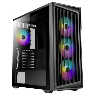 'Een zwarte computerbehuizing met vier kleurrijke RGB-ventilatoren zichtbaar aan de voor- en achterkant, die een moderne en strakke vormgeving laten zien.'