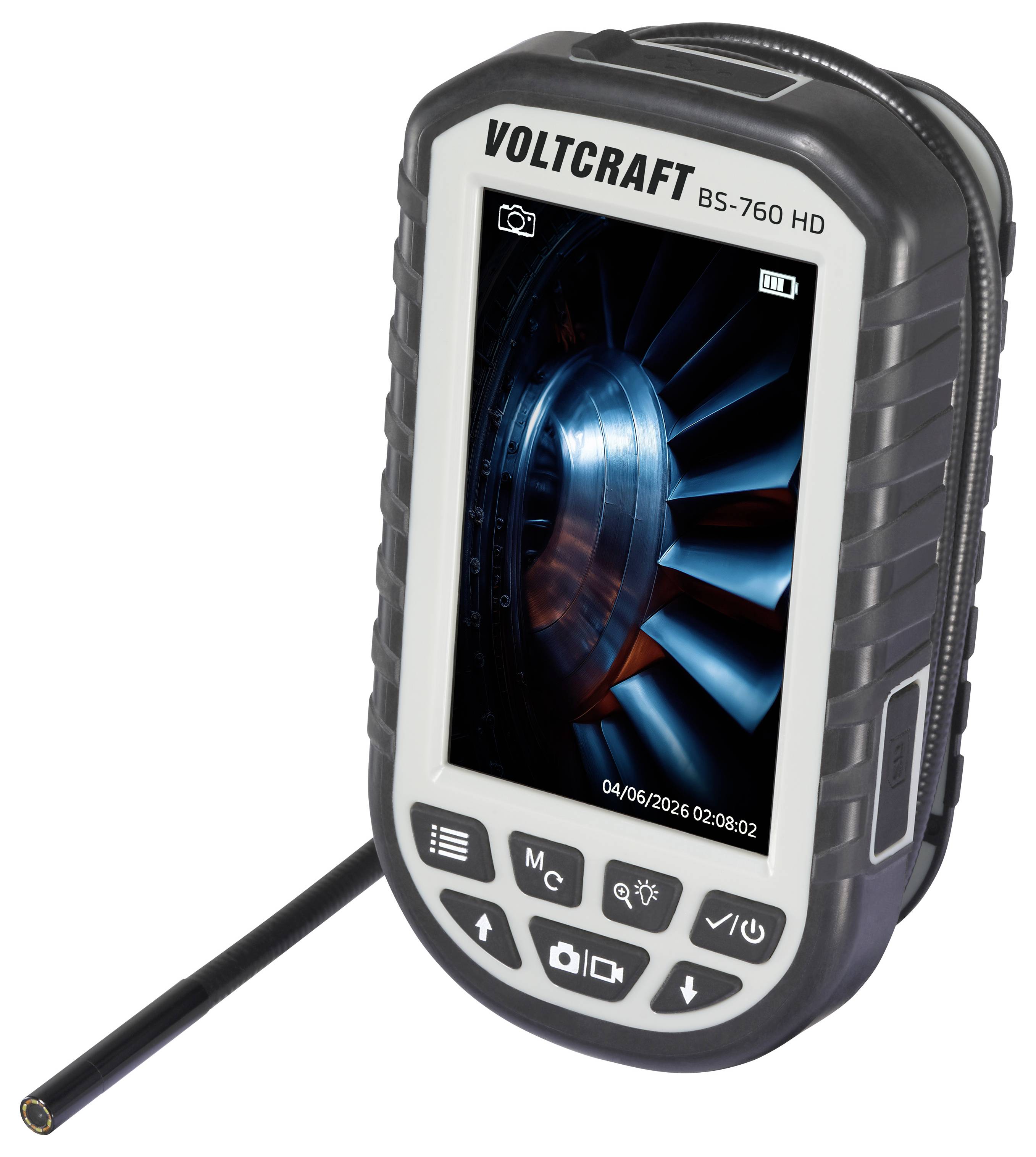 Handheld VOLTCRAFT BS-760 HD inspectiecamera met sonde en kleurenscherm met close-up weergave van turbineschoepen.