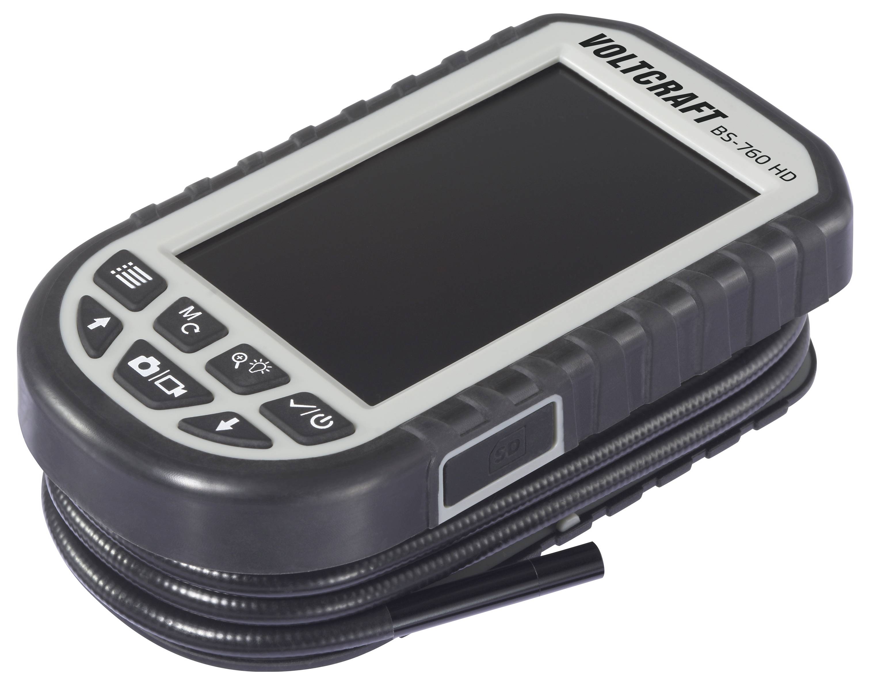 Draagbare VOLTCRAFT BS-250 HD inspectiecamera met scherm en aangebrachte flexibele kabeltelescoopsonde.