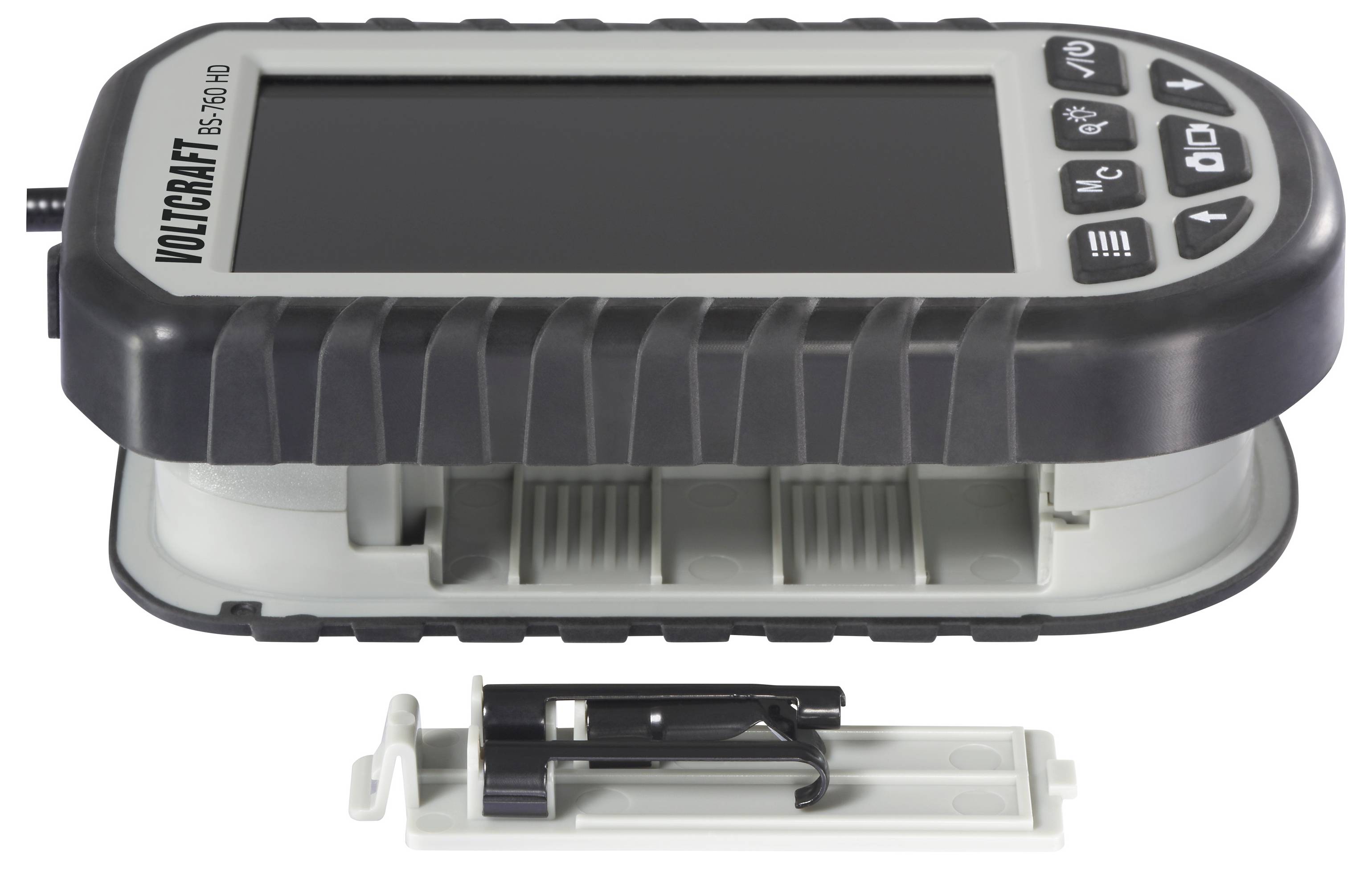 Handheld mobiel apparaat met het label 'VOICRAP? FS-7100' met een leeg scherm en knoppen, weergegeven met een afneembare onderste cartridge of batterijvak eronder.