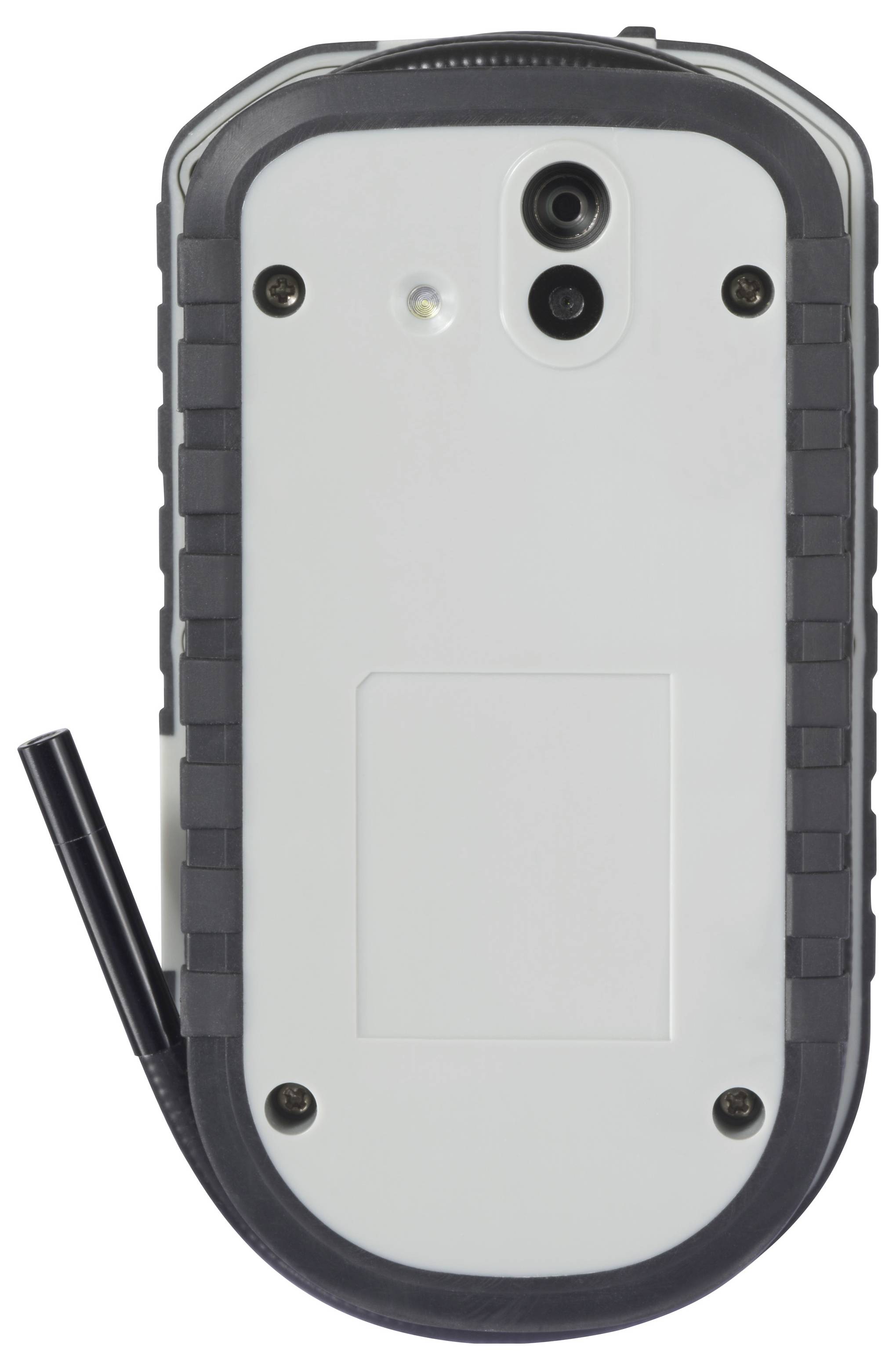 Achteraanzicht van een robuust handheld apparaat met een centraal cameralens, kleine sensor, schroefbevestigingen en een zwarte beschermingsrand.