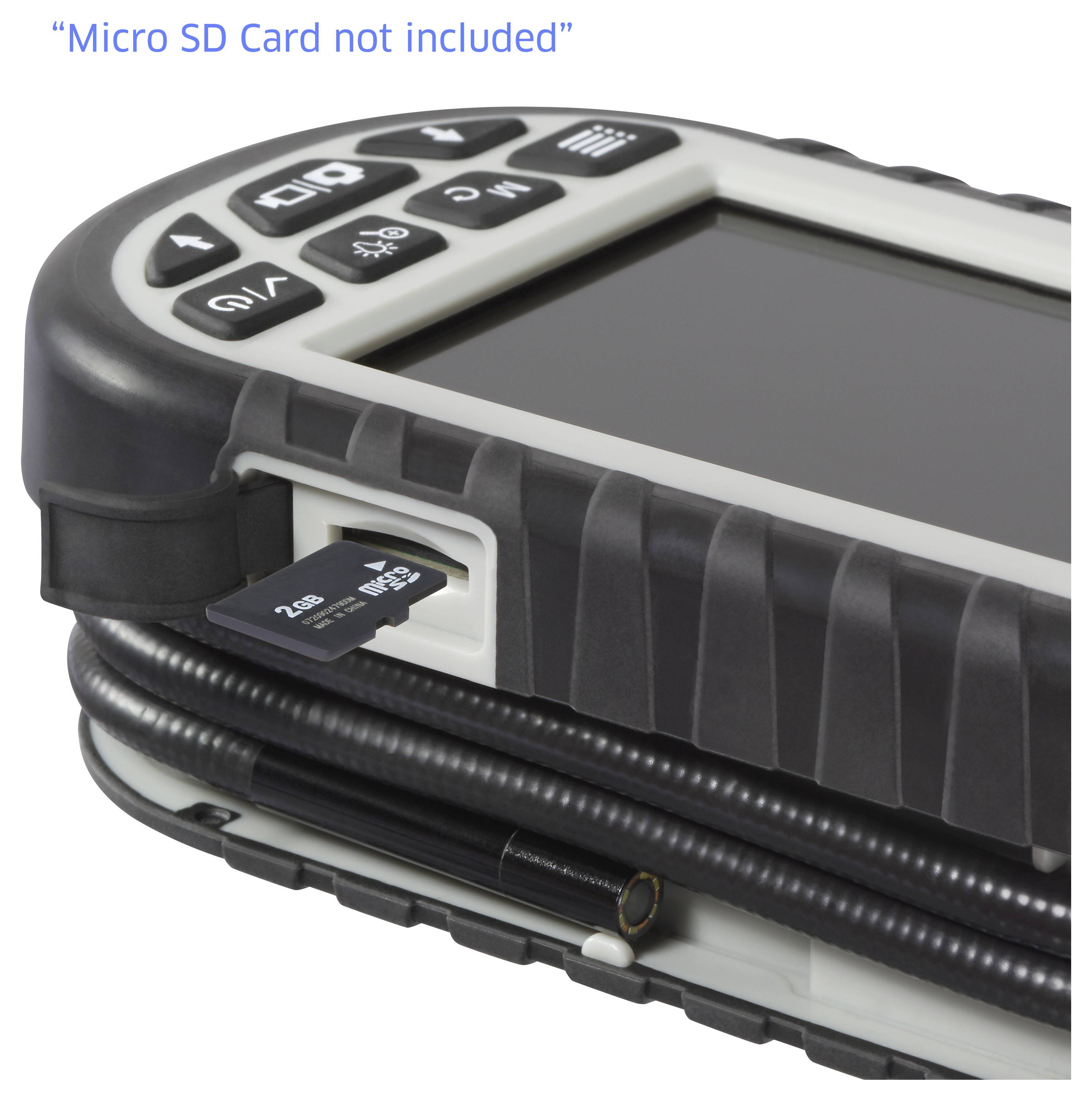 Robuust handheld apparaat met een Micro SD-kaart gedeeltelijk ingebracht; tekst leest 'Micro SD-kaart niet inbegrepen'.
