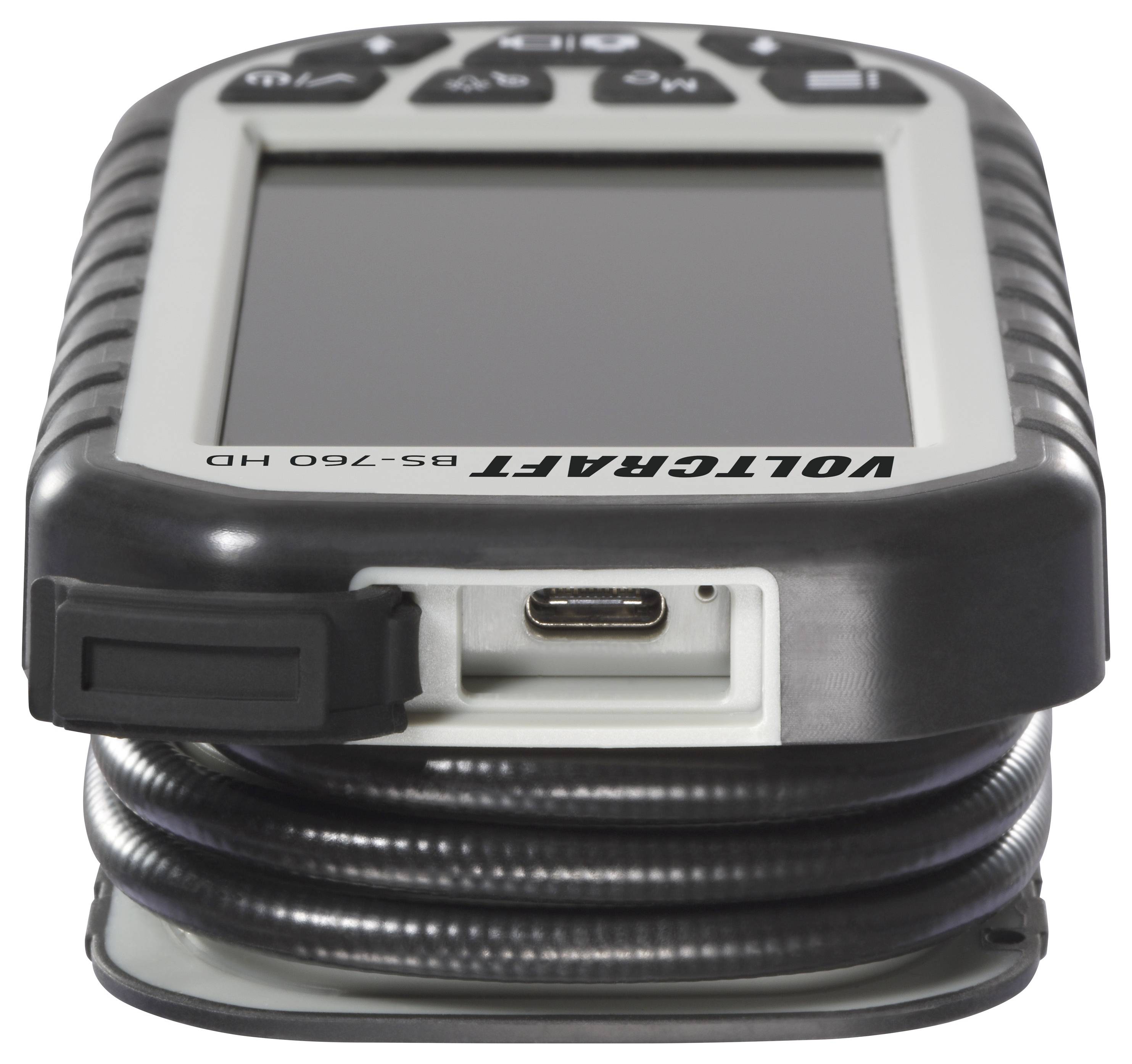 Close-up van een Voltgraft BS-760 HD handheld apparaat met een leeg scherm, knopbediening, USB-C poort en aangesloten opgerold snoer.