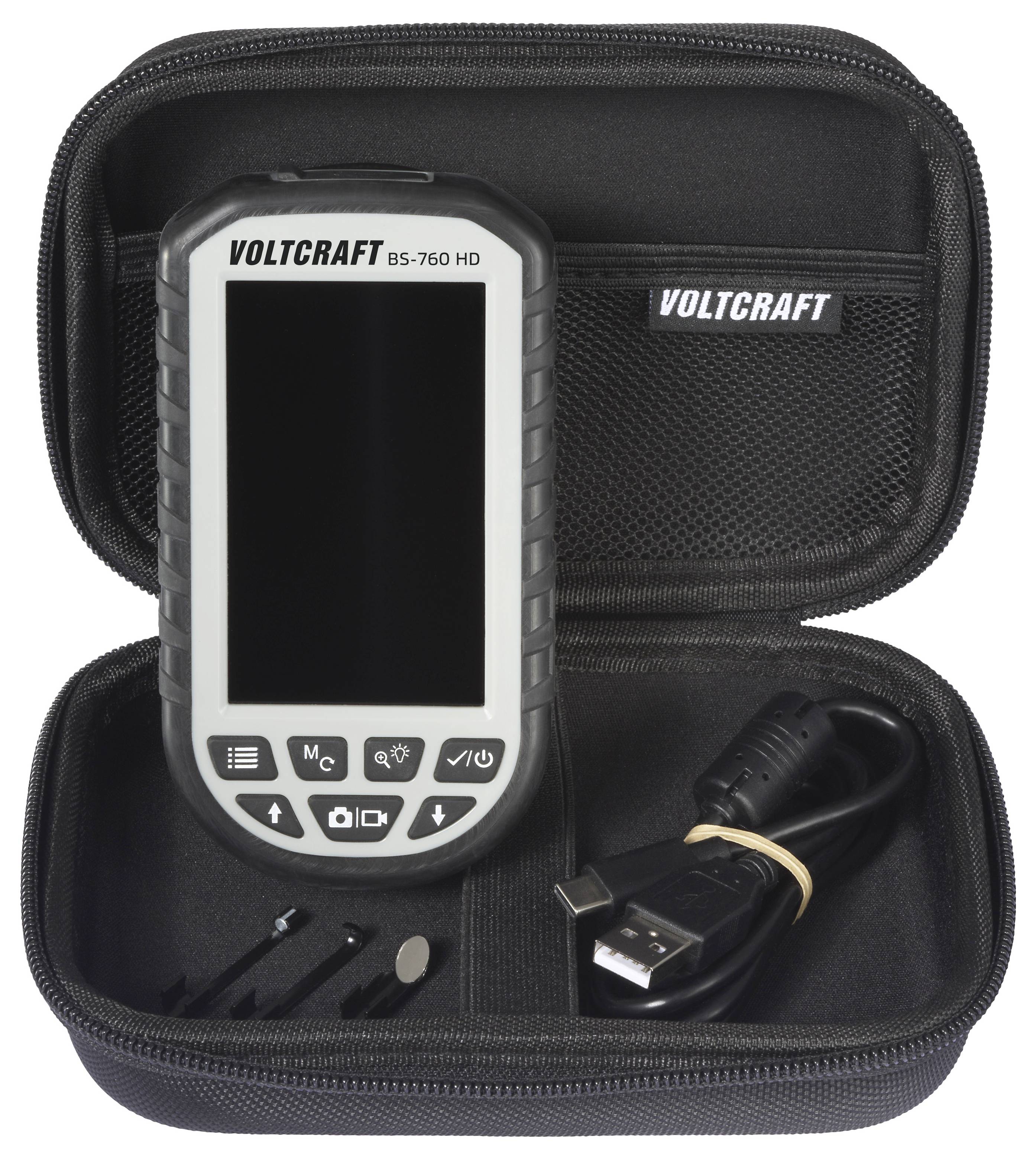 VOLTCRAFT BS-760 HD handgeheven inspectiecamera kit in een ritselkast, met scherm, kabels en accessoires.