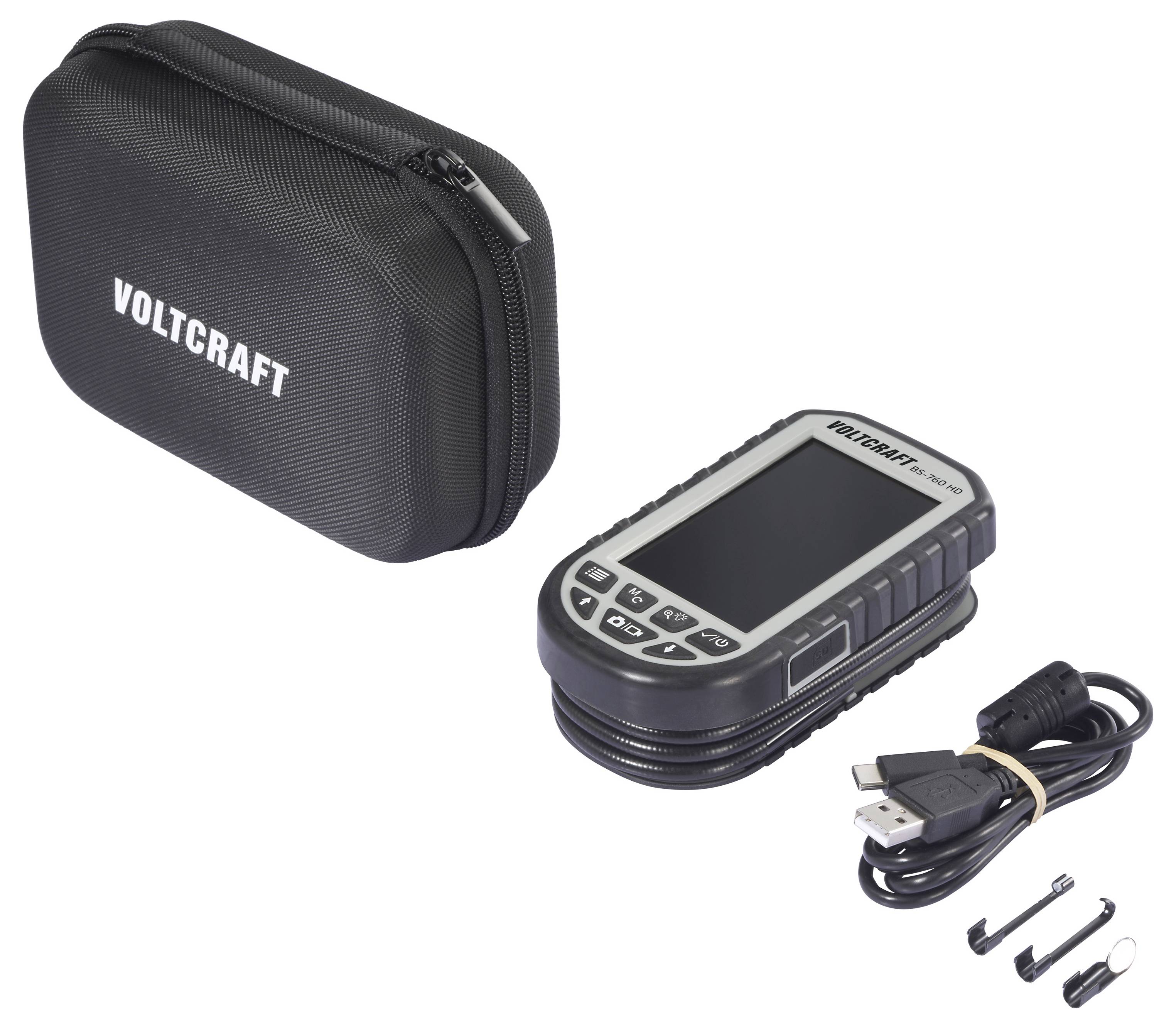 Voltcraft handheld elektronisch apparaat met draagtas, USB-kabel en kleine accessoires weergegeven op een witte achtergrond.