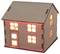 Een klein decoratief houten huis met oplichtende ramen, die gezellige binnenverlichting nabootsen, waardoor warmte en comfort worden gesuggereerd.
